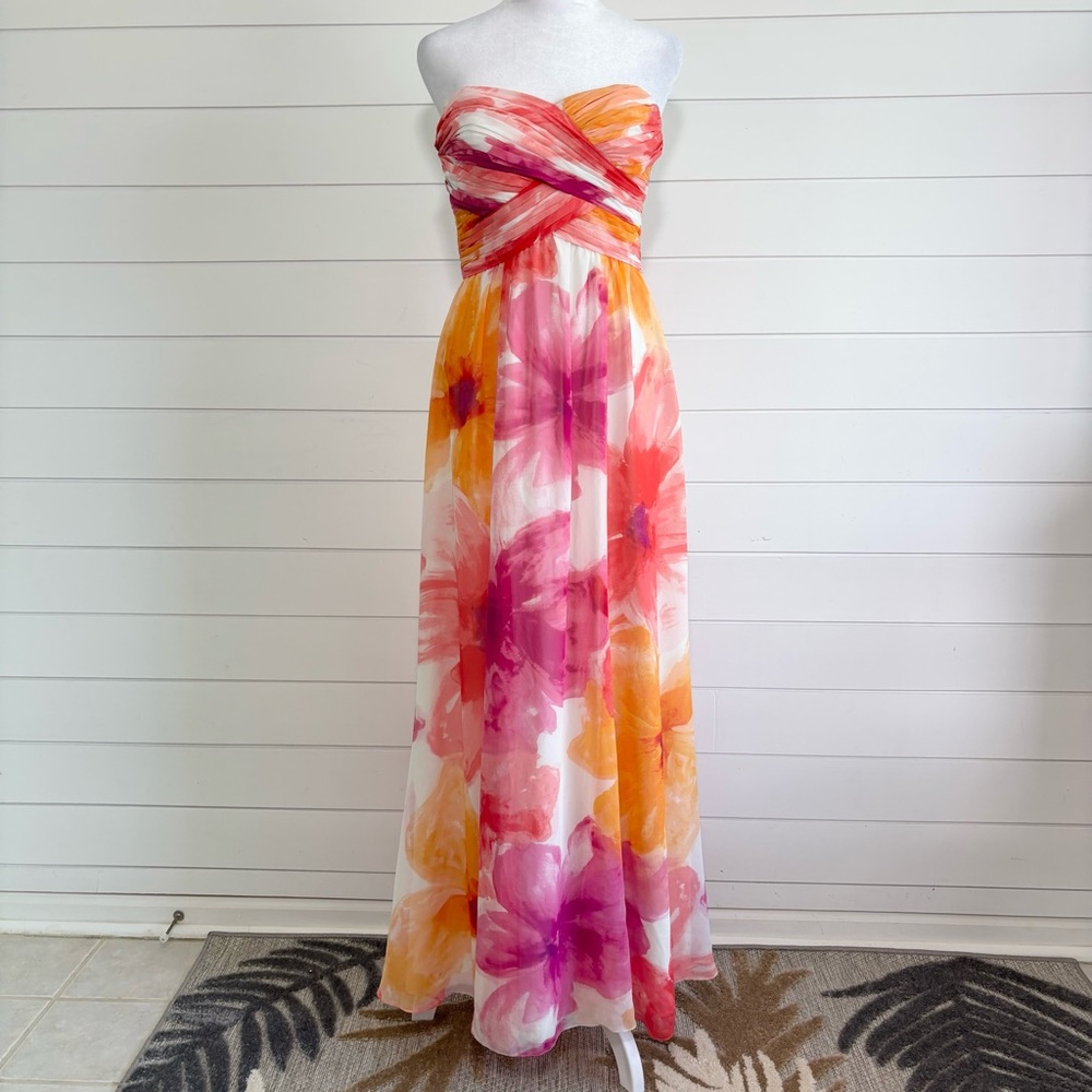 Ralph Lauren Evening Floral Maxi strapless Dress in Pink and Orange Size 2